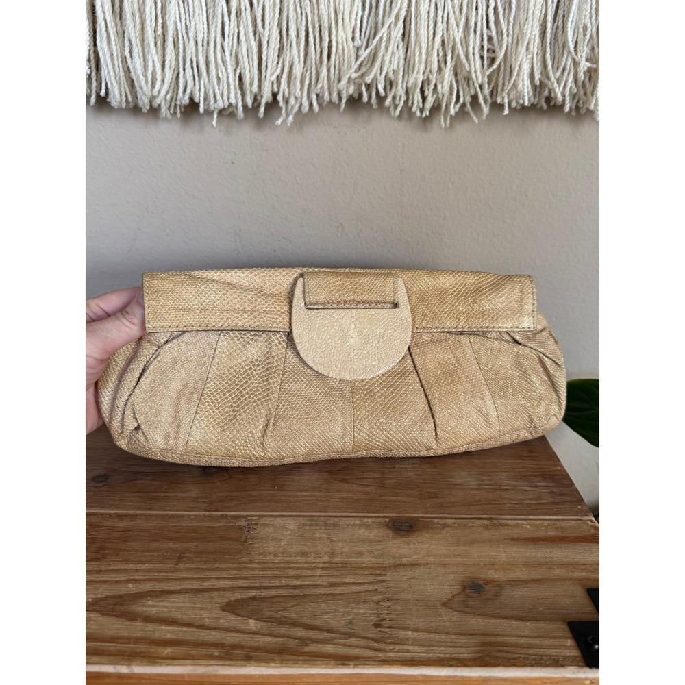 90s Vintage R&Y AUGOUSTI Cream Genuine Python Leather Sting Ray Clasp Clutch